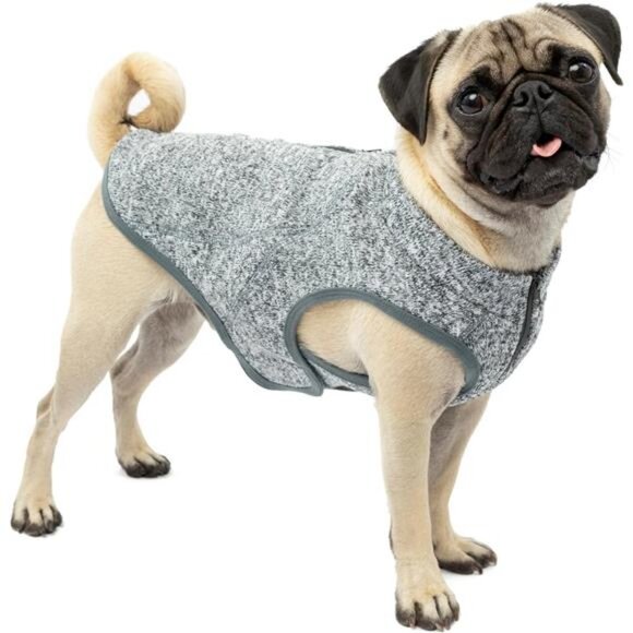 "Fleece-Lined Pug Sweater with Harness Zipper & Adjustable Fit" - Picture 1 of 7